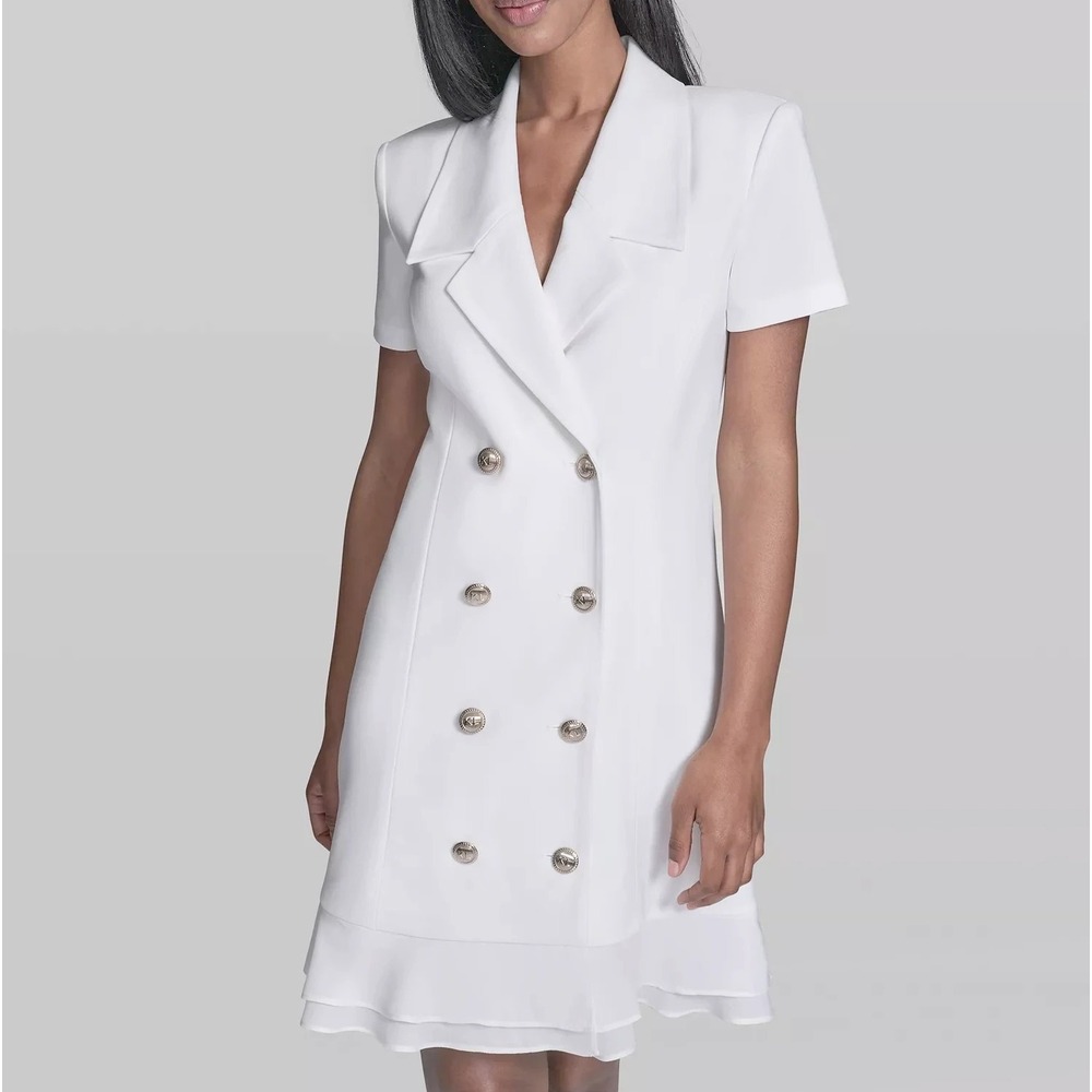 Karl Lagerfeld Blazer Dress White Short Sleeve Double‎ Breasted Ruffle 12